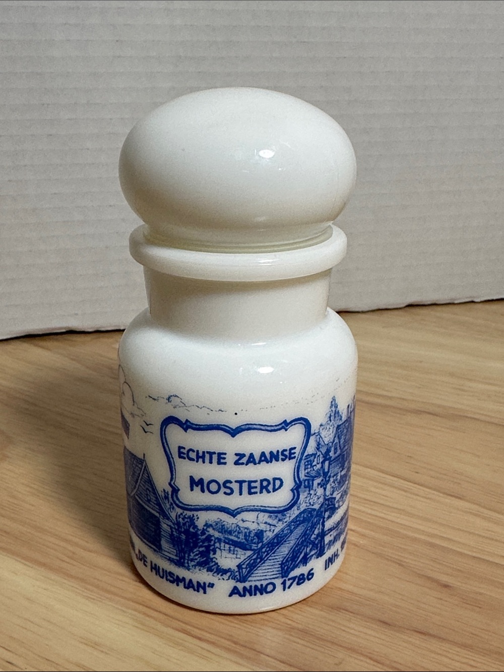 Vintage Apothecary Bubble Lid Milk Glass Jar with Blue Dutch Motif ‘Mustard’